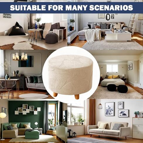 Round Ottoman Cover Stretch Round Ottoman Storage Slipcover Leaves Jacquard Folding Footrest Stool Furniture Protector Cover with Elastic Bottom for Living Room Set of 1 Olive Green in Saudi Arabia