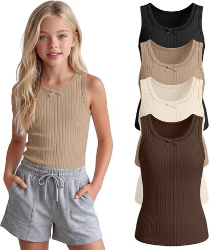 4 Pack Girls' Tank Tops Ribbed Round Neck Sleeveless Undershirts Wide Strap Camisoles Kids 5-14 Years in Kuwait
