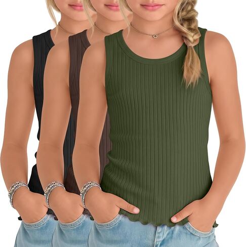 Halfchet 3 Pack Girls' Tank Tops Ribbed Sleeveless Crew Neck Slim Tanks Ruffle Basic Dance Cute Undershirt 5-14 Years in Kuwait