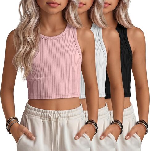 Halfchet 3 Pack Girls' Tank Tops Ribbed Knit Crop Tops Sleeveless Racerback Crew Neck Athletic Dance Tanks for Kids 5-14Years in Kuwait