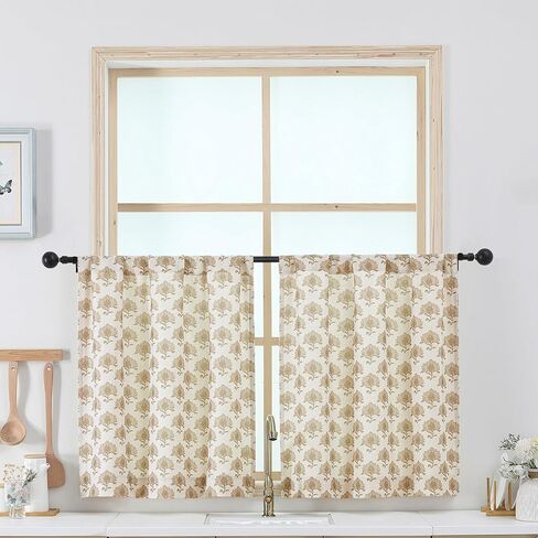 Chyhomenyc Floral Boho Kitchen Curtains 24 Inch Length - Light Filtering Faux Linen Half Window Cafe Curtains, Farmhouse Short Curtain Tiers for Bathroom Laundry RV Camper, 30Wx24L, 2 Pieces, Taupe in Kuwait