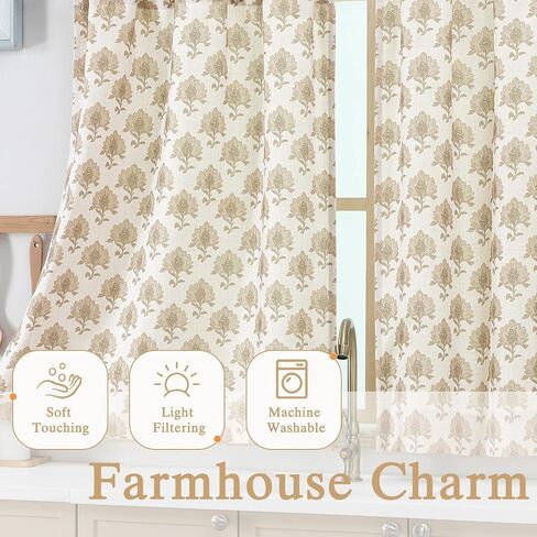 Chyhomenyc Floral Boho Kitchen Curtains 24 Inch Length - Light Filtering Faux Linen Half Window Cafe Curtains, Farmhouse Short Curtain Tiers for Bathroom Laundry RV Camper, 30Wx24L, 2 Pieces, Taupe in Kuwait