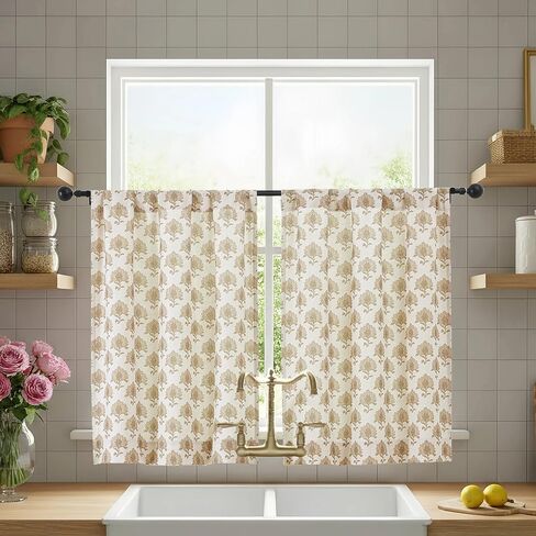 Chyhomenyc Floral Boho Kitchen Curtains 24 Inch Length - Light Filtering Faux Linen Half Window Cafe Curtains, Farmhouse Short Curtain Tiers for Bathroom Laundry RV Camper, 30Wx24L, 2 Pieces, Taupe in Kuwait