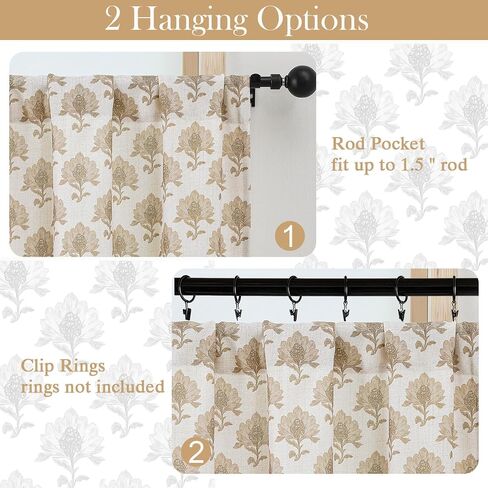 Chyhomenyc Floral Boho Kitchen Curtains 24 Inch Length - Light Filtering Faux Linen Half Window Cafe Curtains, Farmhouse Short Curtain Tiers for Bathroom Laundry RV Camper, 30Wx24L, 2 Pieces, Taupe in Kuwait