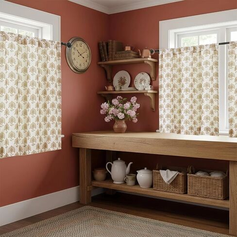 Chyhomenyc Floral Boho Kitchen Curtains 24 Inch Length - Light Filtering Faux Linen Half Window Cafe Curtains, Farmhouse Short Curtain Tiers for Bathroom Laundry RV Camper, 30Wx24L, 2 Pieces, Taupe in Kuwait
