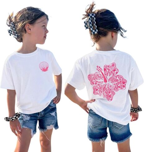 BeWithYou Girls Cute Hawaiian Beach T Shirts Kids Pink Hibiscus Flower Shirt Oversized Aesthetic Graphic Tees Summer Tops in Saudi Arabia
