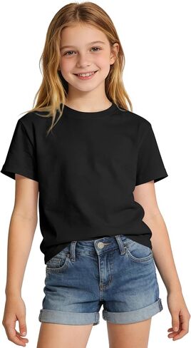 Auranso Girls Shirts Short Sleeve Cotton Kids T-Shirts Plain Basic Tee Clothes Summer Tops for Girls in Saudi Arabia