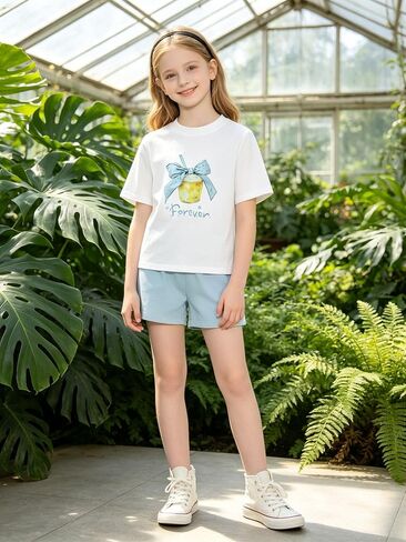 Girls T-Shirts Short Sleeve Summer Tops Trendy Cute Tee Casual Blouse for Kids in Saudi Arabia