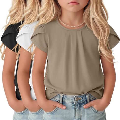 Halfchet 3 Pack Girls' Ruffle Sleeve Shirts Kids Summer Pleated Crewneck Tops Loose Casual Cute Tees 5-14 Years in Kuwait