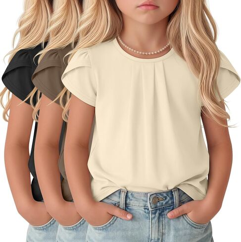 Halfchet 3 Pack Girls' Ruffle Sleeve Shirts Kids Summer Pleated Crewneck Tops Loose Casual Cute Tees 5-14 Years in Saudi Arabia