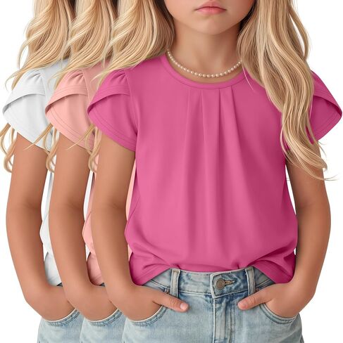 Halfchet 3 Pack Girls' Ruffle Sleeve Shirts Kids Summer Pleated Crewneck Tops Loose Casual Cute Tees 5-14 Years in Saudi Arabia