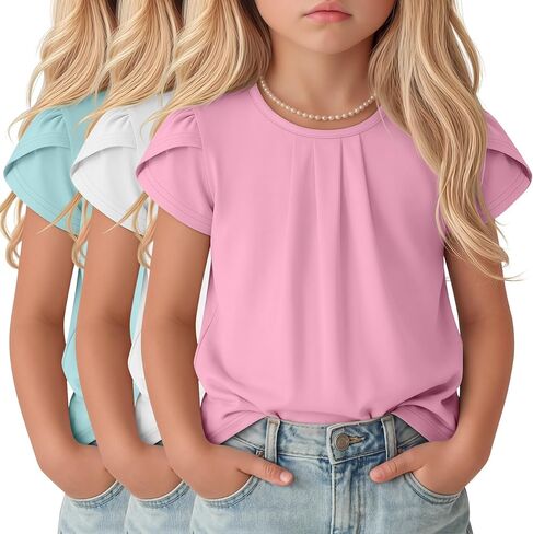 Halfchet 3 Pack Girls' Ruffle Sleeve Shirts Kids Summer Pleated Crewneck Tops Loose Casual Cute Tees 5-14 Years in Saudi Arabia