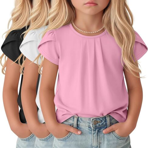 Halfchet 3 Pack Girls' Ruffle Sleeve Shirts Kids Summer Pleated Crewneck Tops Loose Casual Cute Tees 5-14 Years in Saudi Arabia