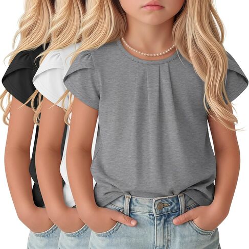 Halfchet 3 Pack Girls' Ruffle Sleeve Shirts Kids Summer Pleated Crewneck Tops Loose Casual Cute Tees 5-14 Years in Saudi Arabia