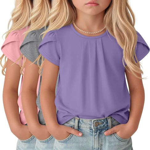 Halfchet 3 Pack Girls' Ruffle Sleeve Shirts Kids Summer Pleated Crewneck Tops Loose Casual Cute Tees 5-14 Years in Saudi Arabia