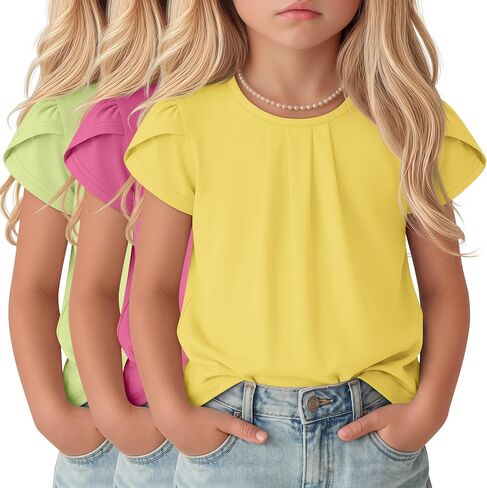 Halfchet 3 Pack Girls' Ruffle Sleeve Shirts Kids Summer Pleated Crewneck Tops Loose Casual Cute Tees 5-14 Years in Saudi Arabia
