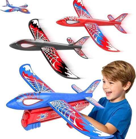 Doloowee Foam Airplane Launcher Toys for Kids 4-8, Outdoor Sport Flying Toys, 3 Pack 12.6" Foam Glider LED Plane, 1 Catapult with 3 Foam Planes, Gifts for 3 4 5 6 7 8 9 10 12 Year Old Boys Girls in Kuwait