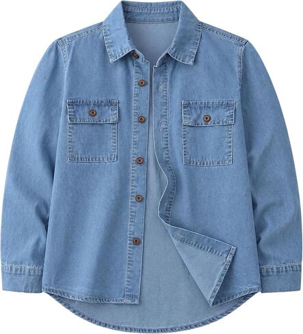 Boys Denim Shirt Jacket Long Sleeve Button Down Jeans Coat with Pockets in Kuwait