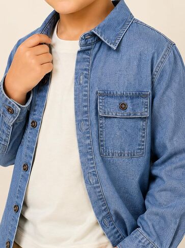 Boys Denim Shirt Jacket Long Sleeve Button Down Jeans Coat with Pockets in Kuwait