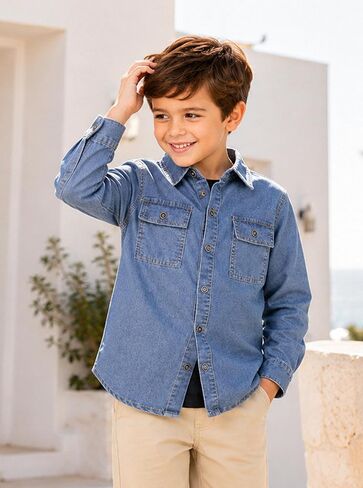 Boys Denim Shirt Jacket Long Sleeve Button Down Jeans Coat with Pockets in Kuwait