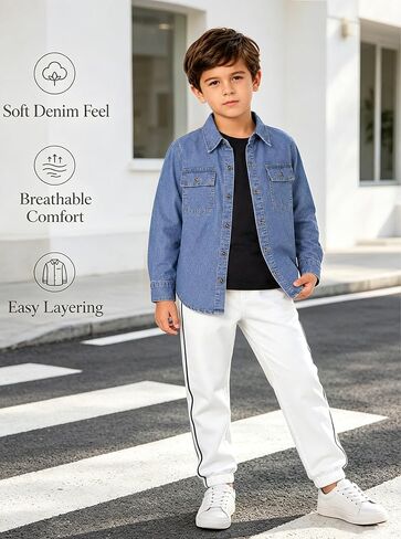 Boys Denim Shirt Jacket Long Sleeve Button Down Jeans Coat with Pockets in Kuwait