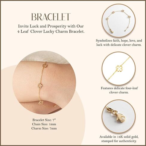 14K Yellow Gold 4 Leaf Clover Lucky Charm Bracelet 7" in Kuwait
