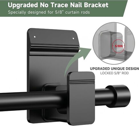 EKOTTOK No Drill Curtain Rod Brackets for 5/8" Rod, Heavy Duty 30LB+, Adhesive & Invisible Nail Curtain Rod Holders, Damage-Free Wall Mount Hooks for Bathroom, Kitchen, Bedroom (4PC, Black) in Saudi Arabia