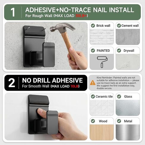 EKOTTOK No Drill Curtain Rod Brackets for 5/8" Rod, Heavy Duty 30LB+, Adhesive & Invisible Nail Curtain Rod Holders, Damage-Free Wall Mount Hooks for Bathroom, Kitchen, Bedroom (4PC, Black) in Saudi Arabia