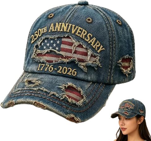 250th Anniversary Cap, Vintage Distressed Denim, USA Flag Embroidery, 1776-2026 Commemorative, Adjustable Fit (Blue) in Saudi Arabia