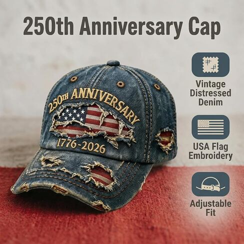 250th Anniversary Cap, Vintage Distressed Denim, USA Flag Embroidery, 1776-2026 Commemorative, Adjustable Fit (Blue) in Saudi Arabia