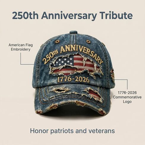 250th Anniversary Cap, Vintage Distressed Denim, USA Flag Embroidery, 1776-2026 Commemorative, Adjustable Fit (Blue) in Saudi Arabia