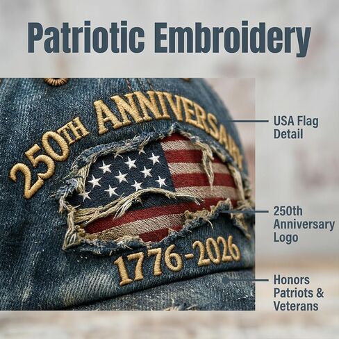 250th Anniversary Cap, Vintage Distressed Denim, USA Flag Embroidery, 1776-2026 Commemorative, Adjustable Fit (Blue) in Saudi Arabia