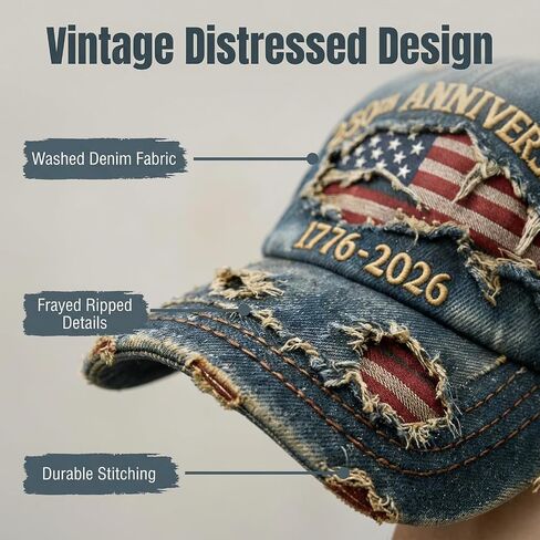 250th Anniversary Cap, Vintage Distressed Denim, USA Flag Embroidery, 1776-2026 Commemorative, Adjustable Fit (Blue) in Saudi Arabia