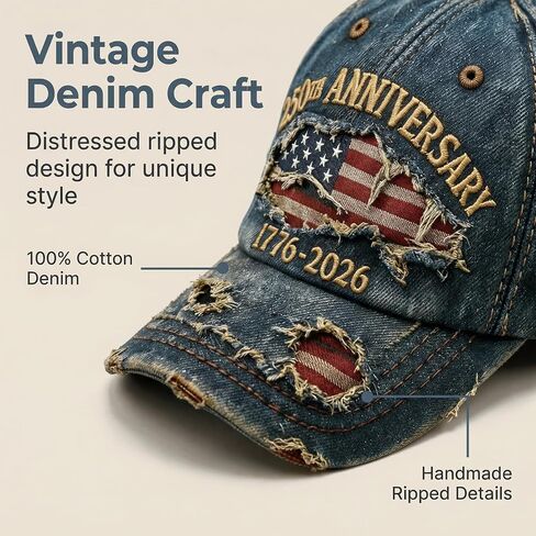 250th Anniversary Cap, Vintage Distressed Denim, USA Flag Embroidery, 1776-2026 Commemorative, Adjustable Fit (Blue) in Saudi Arabia