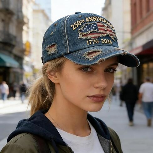 250th Anniversary Cap, Vintage Distressed Denim, USA Flag Embroidery, 1776-2026 Commemorative, Adjustable Fit (Blue) in Saudi Arabia