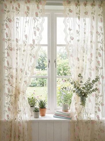Elegant French Pastoral Embroidered Sheer Curtain No Drill Easy Install Window Panel for Bedroom Living Room Balcony Soft Light Filtering Floral Design (Floral,52''X18'') in Saudi Arabia