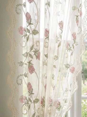 Elegant French Pastoral Embroidered Sheer Curtain No Drill Easy Install Window Panel for Bedroom Living Room Balcony Soft Light Filtering Floral Design (Floral,52''X18'') in Saudi Arabia