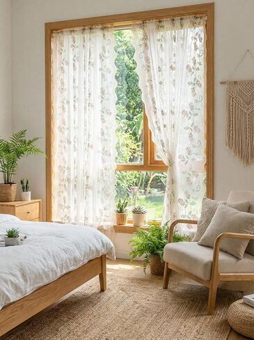 Elegant French Pastoral Embroidered Sheer Curtain No Drill Easy Install Window Panel for Bedroom Living Room Balcony Soft Light Filtering Floral Design (Floral,52''X18'') in Saudi Arabia