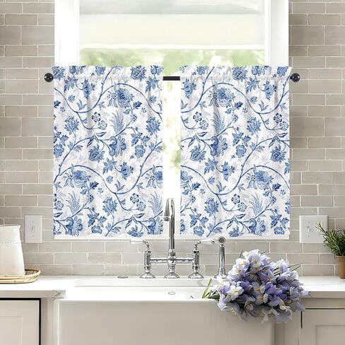 Blue Floral Kitchen Window Curtains Over Sink Blue and White French Country Rustic Flowers Small Window Treatment Short Curtains for Bathroom Tier Drapes Kitchen Decor with Rod Pocket 27.5" W x 36" L in Saudi Arabia