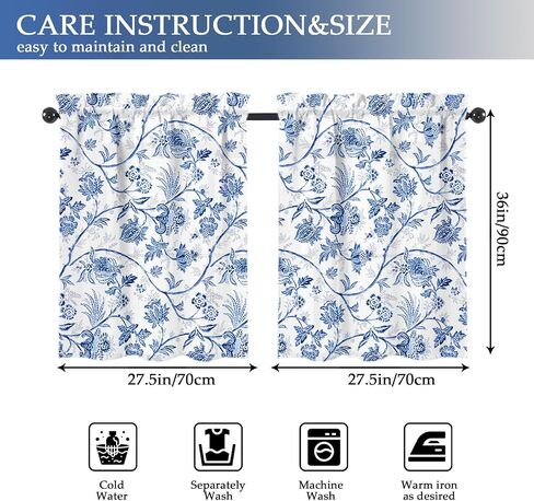 Blue Floral Kitchen Window Curtains Over Sink Blue and White French Country Rustic Flowers Small Window Treatment Short Curtains for Bathroom Tier Drapes Kitchen Decor with Rod Pocket 27.5" W x 36" L in Saudi Arabia