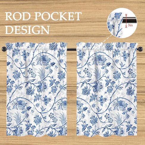Blue Floral Kitchen Window Curtains Over Sink Blue and White French Country Rustic Flowers Small Window Treatment Short Curtains for Bathroom Tier Drapes Kitchen Decor with Rod Pocket 27.5" W x 36" L in Saudi Arabia