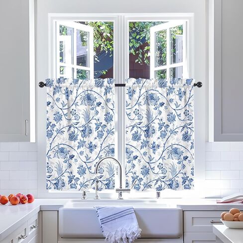 Blue Floral Kitchen Window Curtains Over Sink Blue and White French Country Rustic Flowers Small Window Treatment Short Curtains for Bathroom Tier Drapes Kitchen Decor with Rod Pocket 27.5" W x 36" L in Saudi Arabia