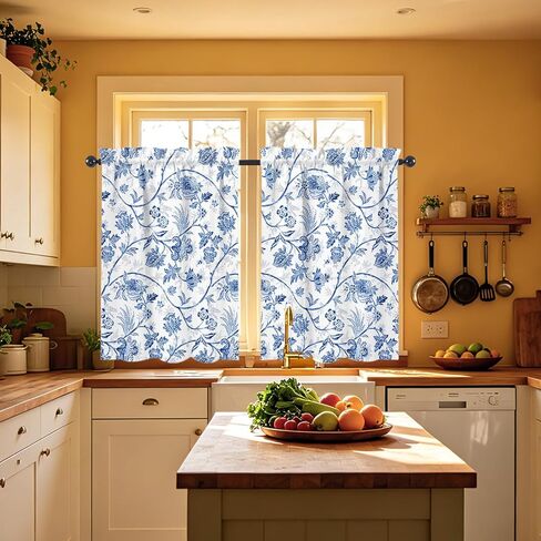 Blue Floral Kitchen Window Curtains Over Sink Blue and White French Country Rustic Flowers Small Window Treatment Short Curtains for Bathroom Tier Drapes Kitchen Decor with Rod Pocket 27.5" W x 36" L in Saudi Arabia