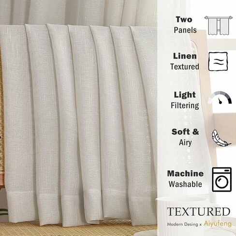 Aiyufeng Natural Pinch Pleated Faux Linen Curtains 84 Inch Length 2 Panels for Living Room Bedroom, Privacy with Light Filter Semi Sheer Neutral Pinch Pleat Hooks Rings Window Curtain, W42 x L84 in Saudi Arabia