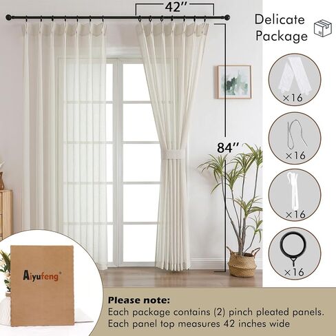 Aiyufeng Natural Pinch Pleated Faux Linen Curtains 84 Inch Length 2 Panels for Living Room Bedroom, Privacy with Light Filter Semi Sheer Neutral Pinch Pleat Hooks Rings Window Curtain, W42 x L84 in Saudi Arabia