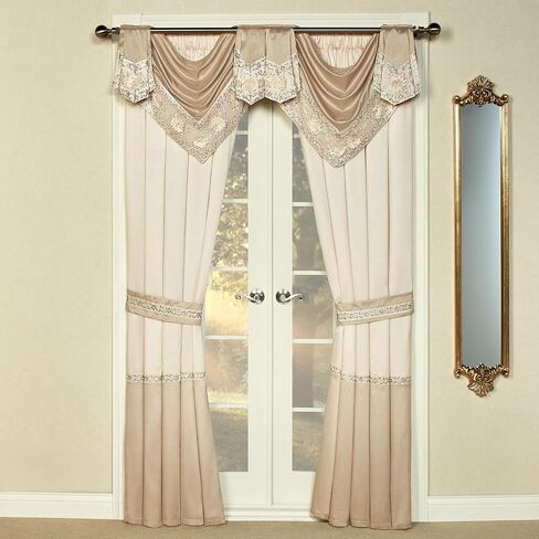 Luxury Elegante Sophisticated Polyester Faux Silk Window Treatment | Light Cream Ivory Metallic Gold | Sparkle Sequins Embroidery Floral | 3 Piece Set with Two Toga Swag Valances and 84L Curtain Pair in Kuwait
