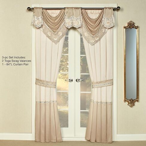 Luxury Elegante Sophisticated Polyester Faux Silk Window Treatment | Light Cream Ivory Metallic Gold | Sparkle Sequins Embroidery Floral | 3 Piece Set with Two Toga Swag Valances and 84L Curtain Pair in Kuwait