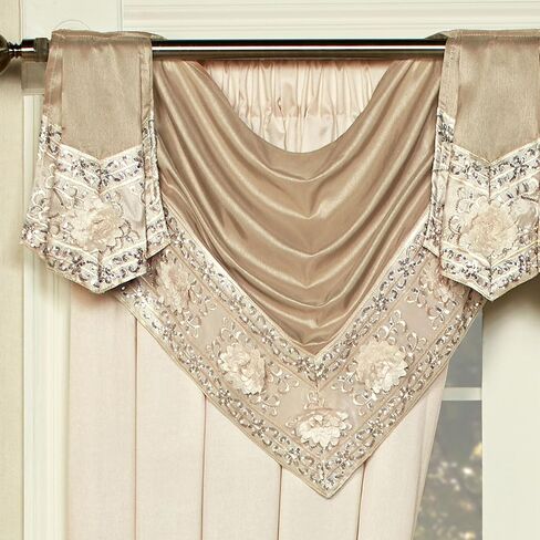 Luxury Elegante Sophisticated Polyester Faux Silk Window Treatment | Light Cream Ivory Metallic Gold | Sparkle Sequins Embroidery Floral | 3 Piece Set with Two Toga Swag Valances and 84L Curtain Pair in Kuwait