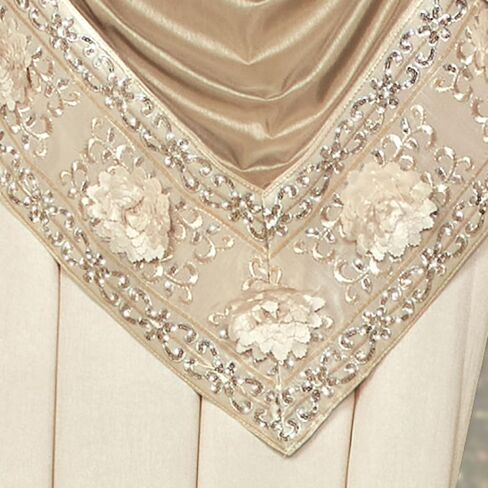 Luxury Elegante Sophisticated Polyester Faux Silk Window Treatment | Light Cream Ivory Metallic Gold | Sparkle Sequins Embroidery Floral | 3 Piece Set with Two Toga Swag Valances and 84L Curtain Pair in Kuwait