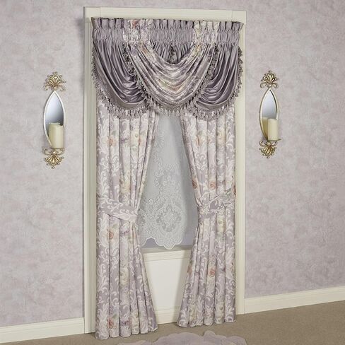 Romantica Luxury Window Treatment | Rod Pocket | Floral Damask | Blush, Lavender, Ivory | Polyester Velvet | 4 Pc Window Set: 95L Curtain Panel Drapery Pair, 1 Floral and 2 Solid Waterfall Valances in Saudi Arabia
